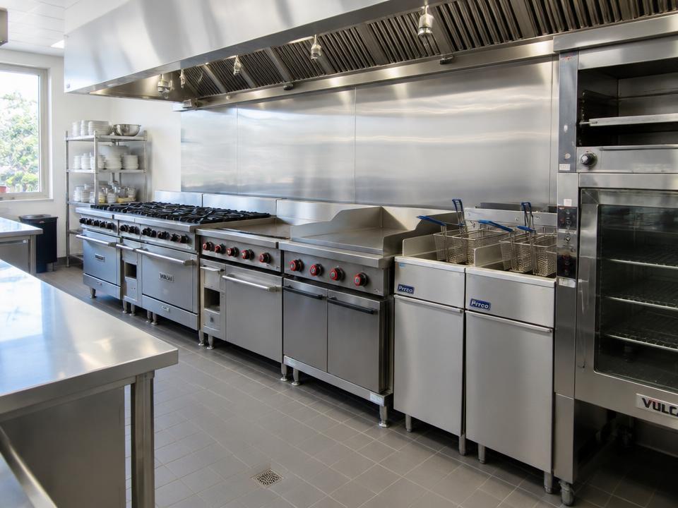 A commercial kitchen line with ranges, a griddle, and fryers